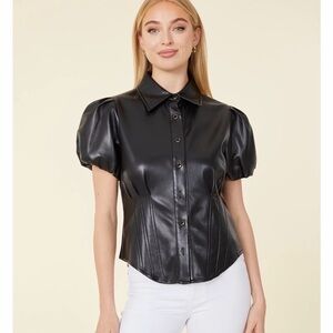 Bagatelle Collection New York black faux leather puff-sleeve button-up shirt
